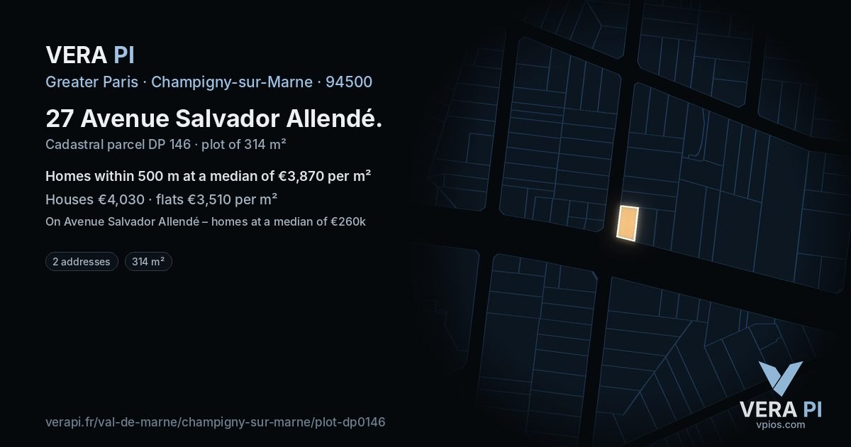 27 Avenue Salvador Allendé, Champigny-sur-Marne at night – the plot lit, the parcels around coloured by the prices near them