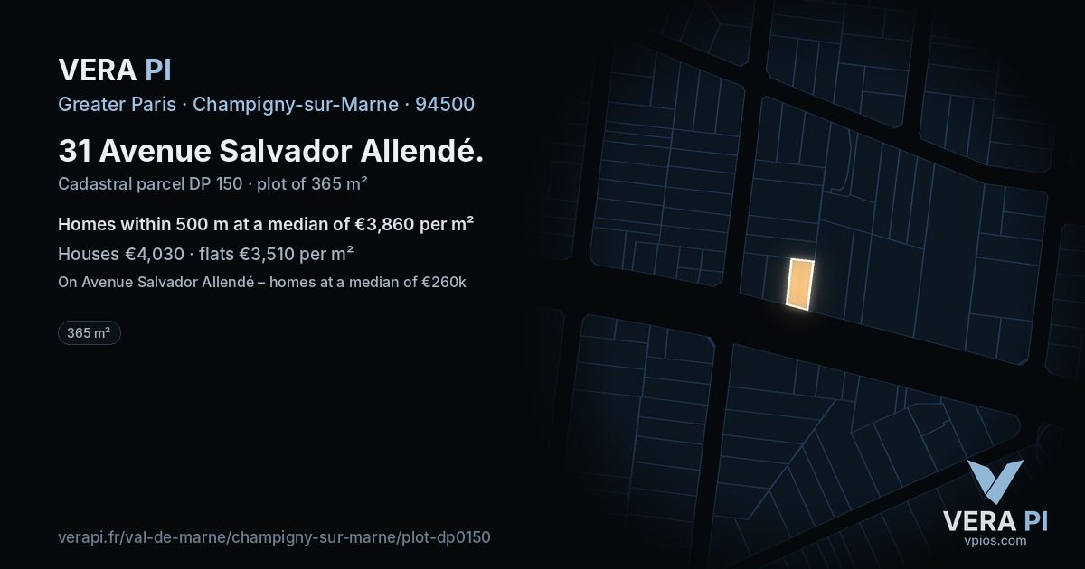 31 Avenue Salvador Allendé, Champigny-sur-Marne at night – the plot lit, the parcels around coloured by the prices near them