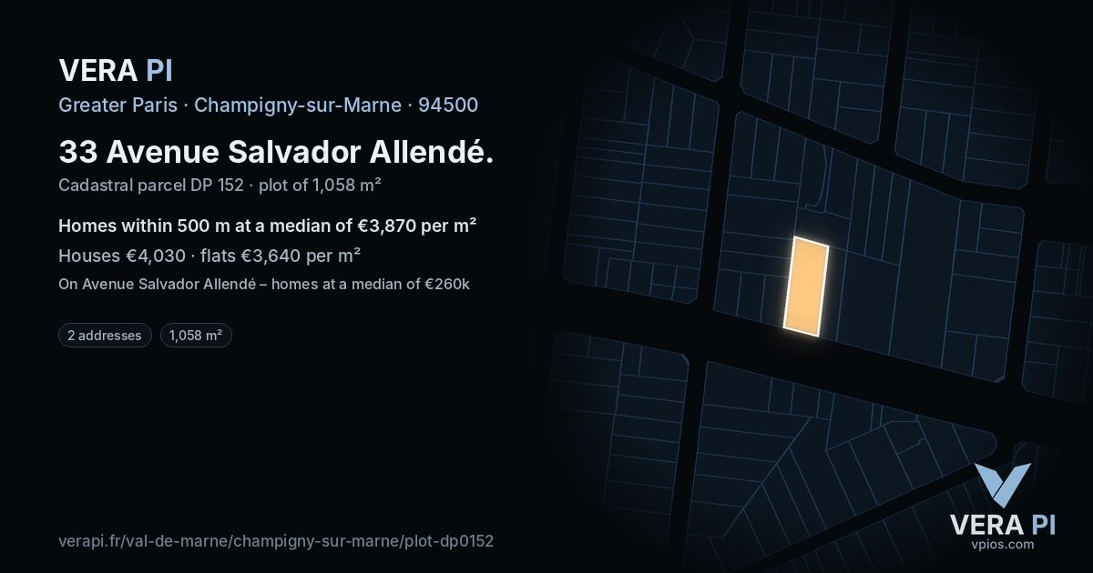 33 Avenue Salvador Allendé, Champigny-sur-Marne at night – the plot lit, the parcels around coloured by the prices near them