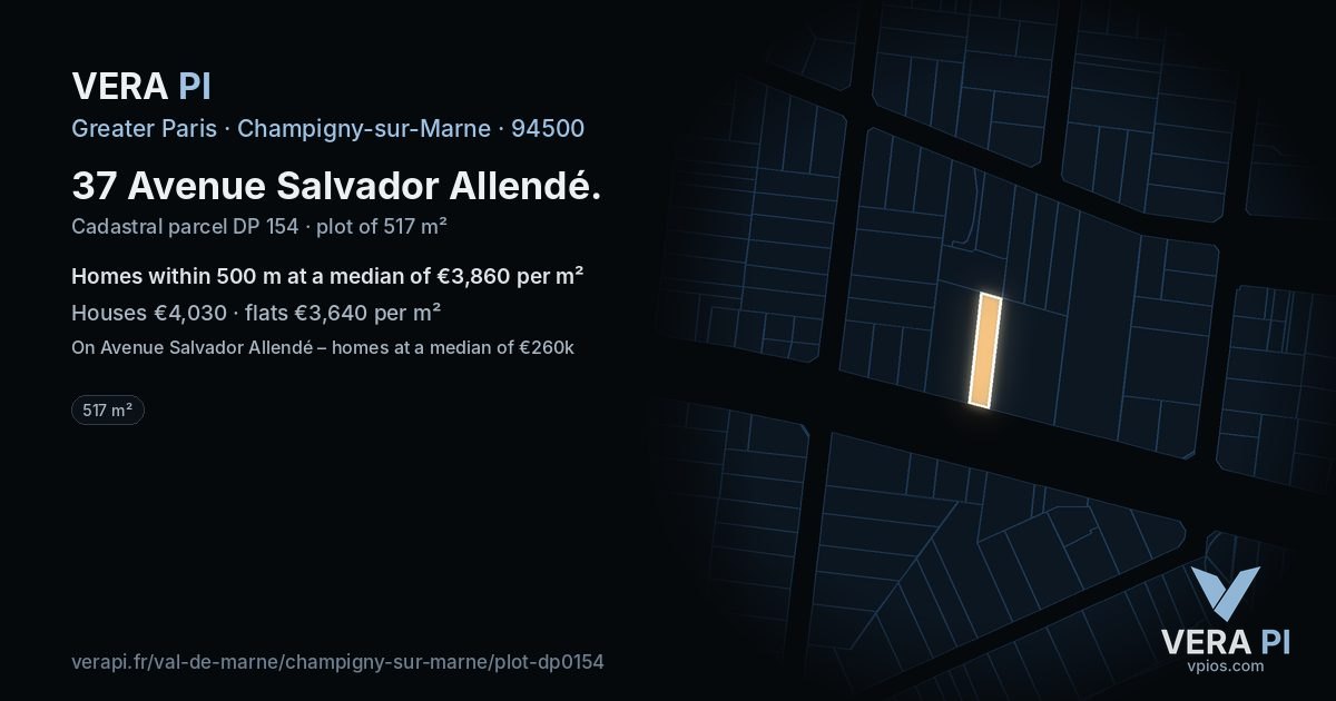 37 Avenue Salvador Allendé, Champigny-sur-Marne at night – the plot lit, the parcels around coloured by the prices near them