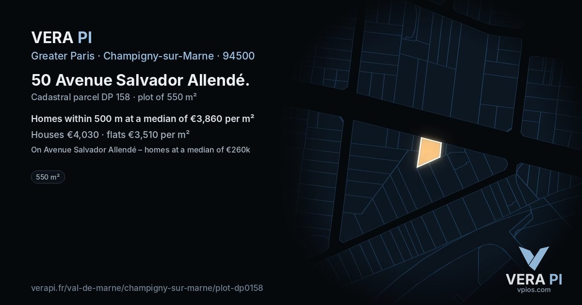 50 Avenue Salvador Allendé, Champigny-sur-Marne at night – the plot lit, the parcels around coloured by the prices near them