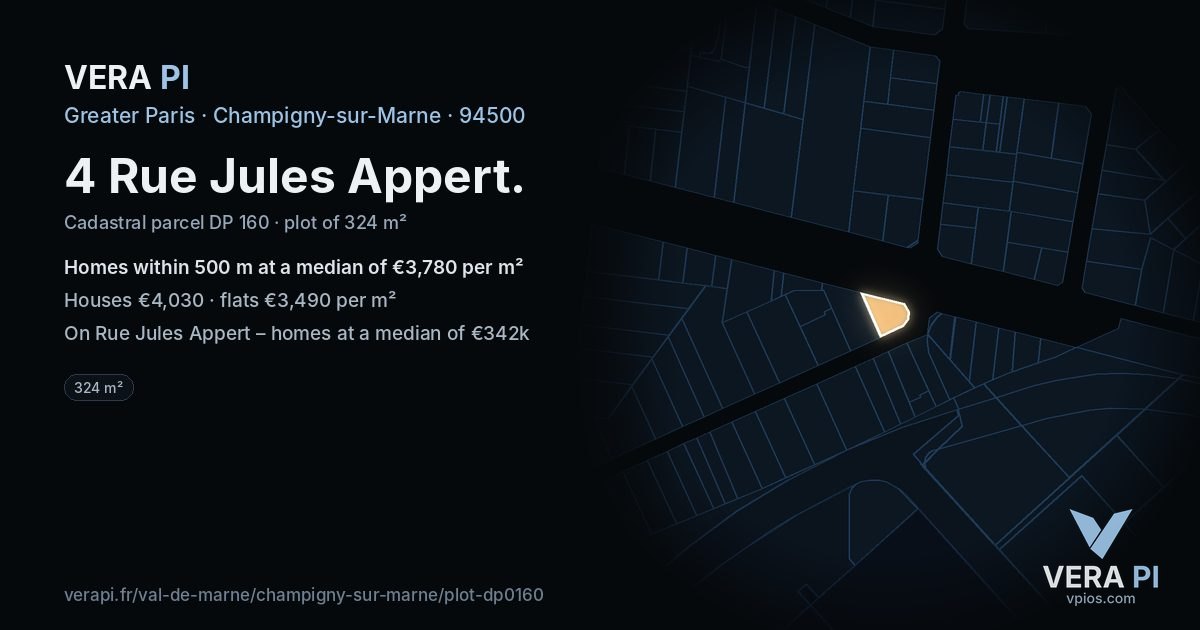 4 Rue Jules Appert, Champigny-sur-Marne at night – the plot lit, the parcels around coloured by the prices near them