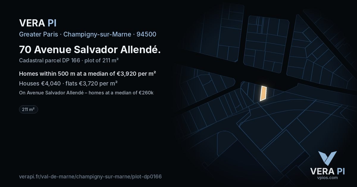 70 Avenue Salvador Allendé, Champigny-sur-Marne at night – the plot lit, the parcels around coloured by the prices near them