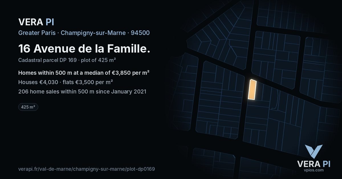 16 Avenue de la Famille, Champigny-sur-Marne at night – the plot lit, the parcels around coloured by the prices near them