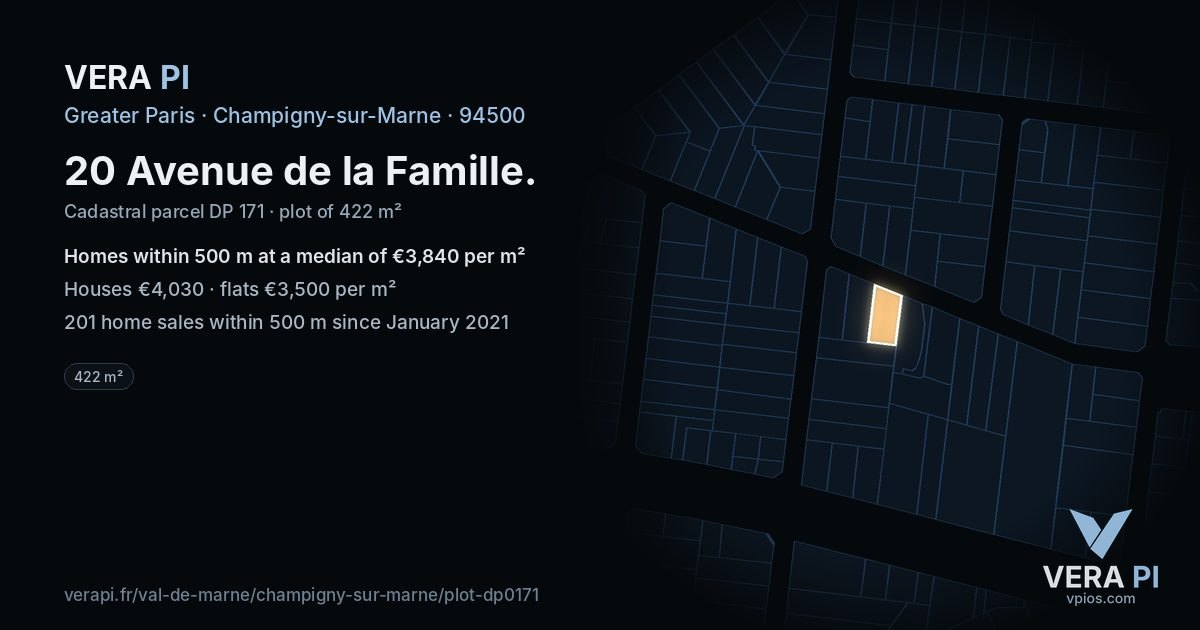 20 Avenue de la Famille, Champigny-sur-Marne at night – the plot lit, the parcels around coloured by the prices near them