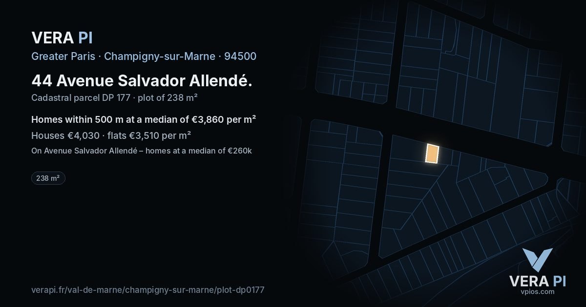 44 Avenue Salvador Allendé, Champigny-sur-Marne at night – the plot lit, the parcels around coloured by the prices near them