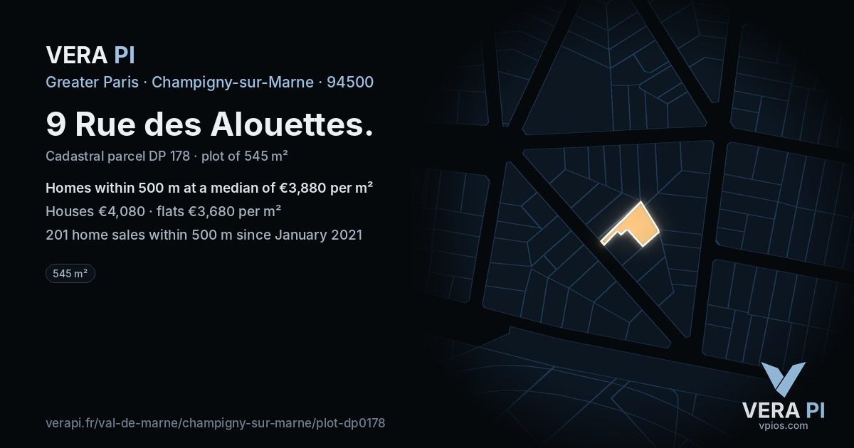 9 Rue des Alouettes, Champigny-sur-Marne at night – the plot lit, the parcels around coloured by the prices near them