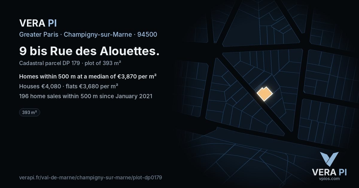9 bis Rue des Alouettes, Champigny-sur-Marne at night – the plot lit, the parcels around coloured by the prices near them