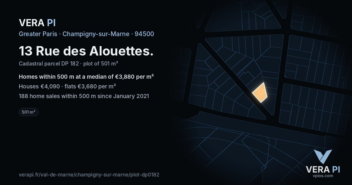 13 Rue des Alouettes, Champigny-sur-Marne at night – the plot lit, the parcels around coloured by the prices near them