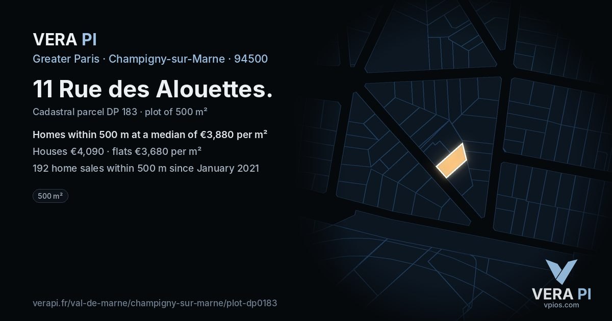 11 Rue des Alouettes, Champigny-sur-Marne at night – the plot lit, the parcels around coloured by the prices near them