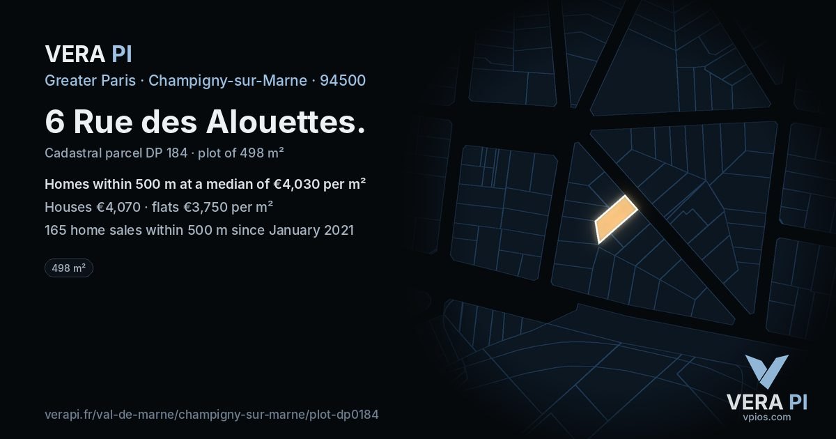 6 Rue des Alouettes, Champigny-sur-Marne at night – the plot lit, the parcels around coloured by the prices near them
