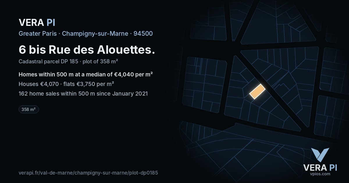6 bis Rue des Alouettes, Champigny-sur-Marne at night – the plot lit, the parcels around coloured by the prices near them
