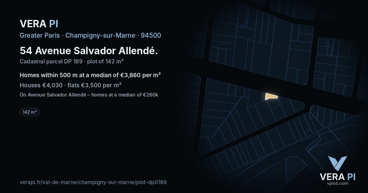 54 Avenue Salvador Allendé, Champigny-sur-Marne at night – the plot lit, the parcels around coloured by the prices near them