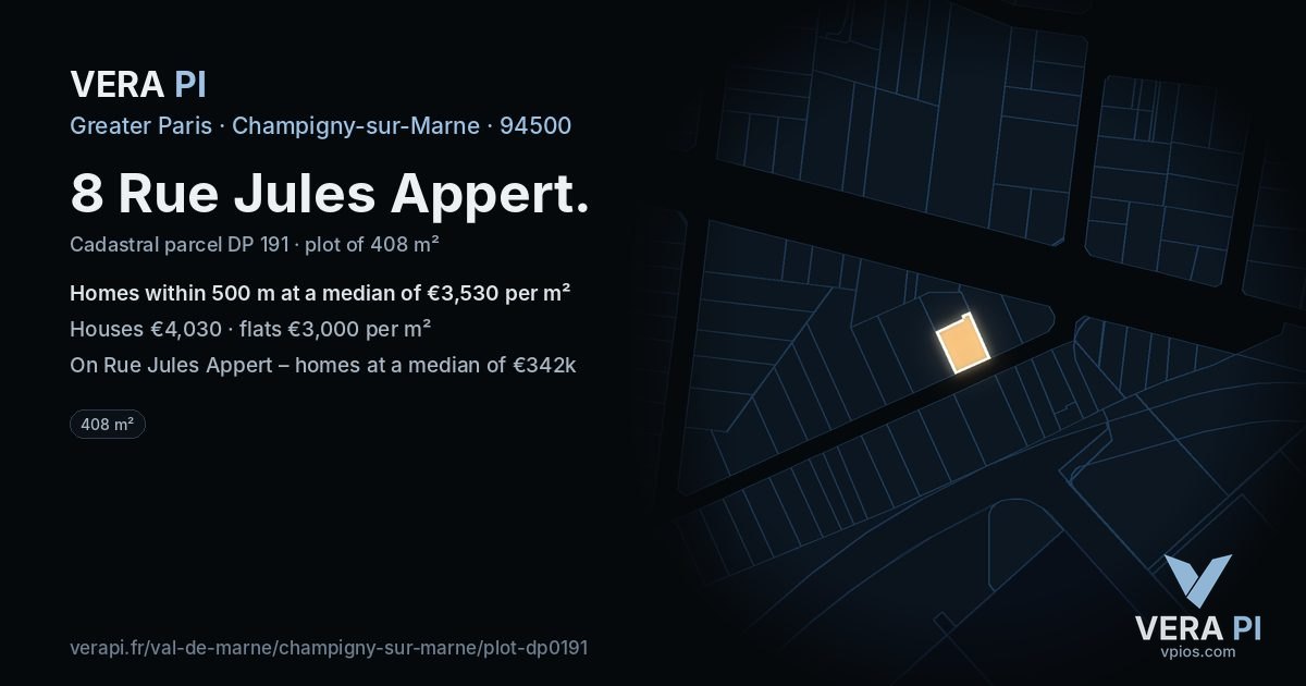 8 Rue Jules Appert, Champigny-sur-Marne at night – the plot lit, the parcels around coloured by the prices near them