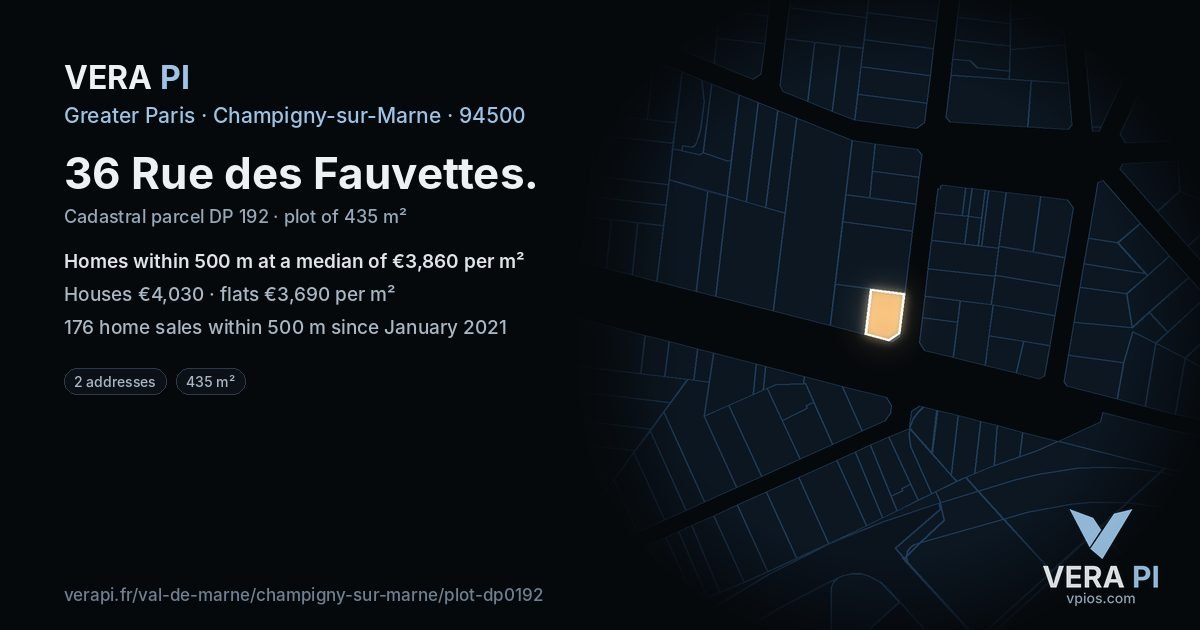 36 Rue des Fauvettes, Champigny-sur-Marne at night – the plot lit, the parcels around coloured by the prices near them