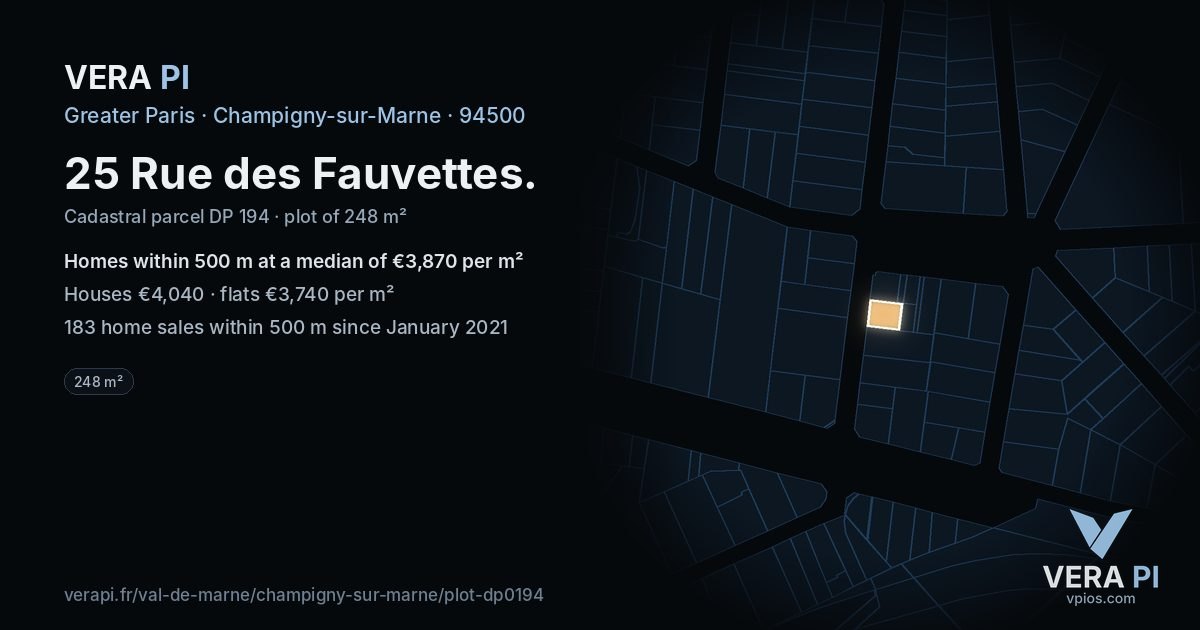 25 Rue des Fauvettes, Champigny-sur-Marne at night – the plot lit, the parcels around coloured by the prices near them