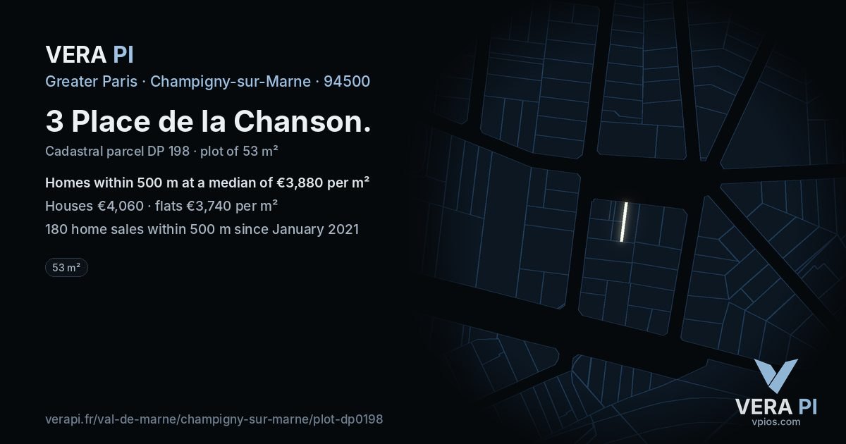 3 Place de la Chanson, Champigny-sur-Marne at night – the plot lit, the parcels around coloured by the prices near them