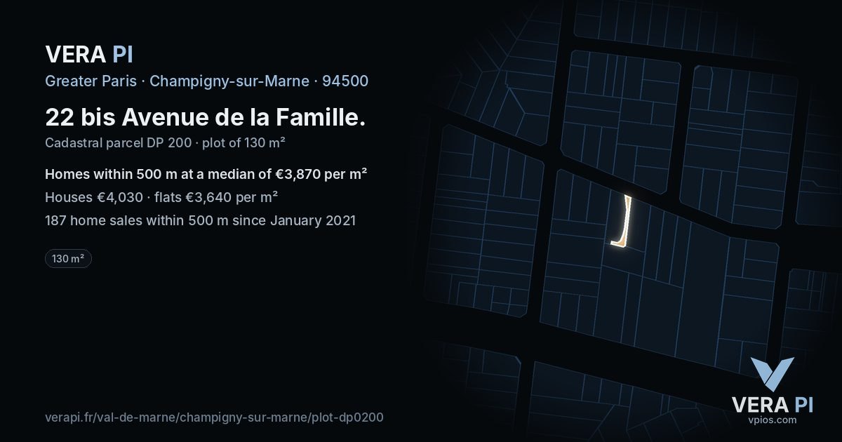 22 bis Avenue de la Famille, Champigny-sur-Marne at night – the plot lit, the parcels around coloured by the prices near them