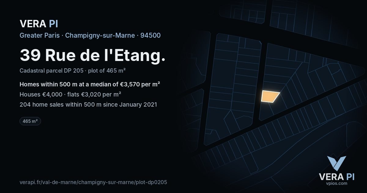 39 Rue de l'Etang, Champigny-sur-Marne at night – the plot lit, the parcels around coloured by the prices near them