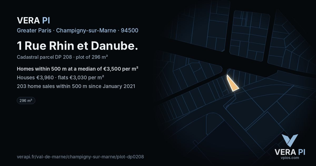 1 Rue Rhin et Danube, Champigny-sur-Marne at night – the plot lit, the parcels around coloured by the prices near them