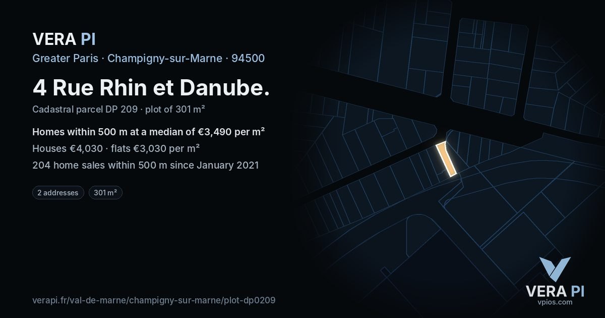 4 Rue Rhin et Danube, Champigny-sur-Marne at night – the plot lit, the parcels around coloured by the prices near them