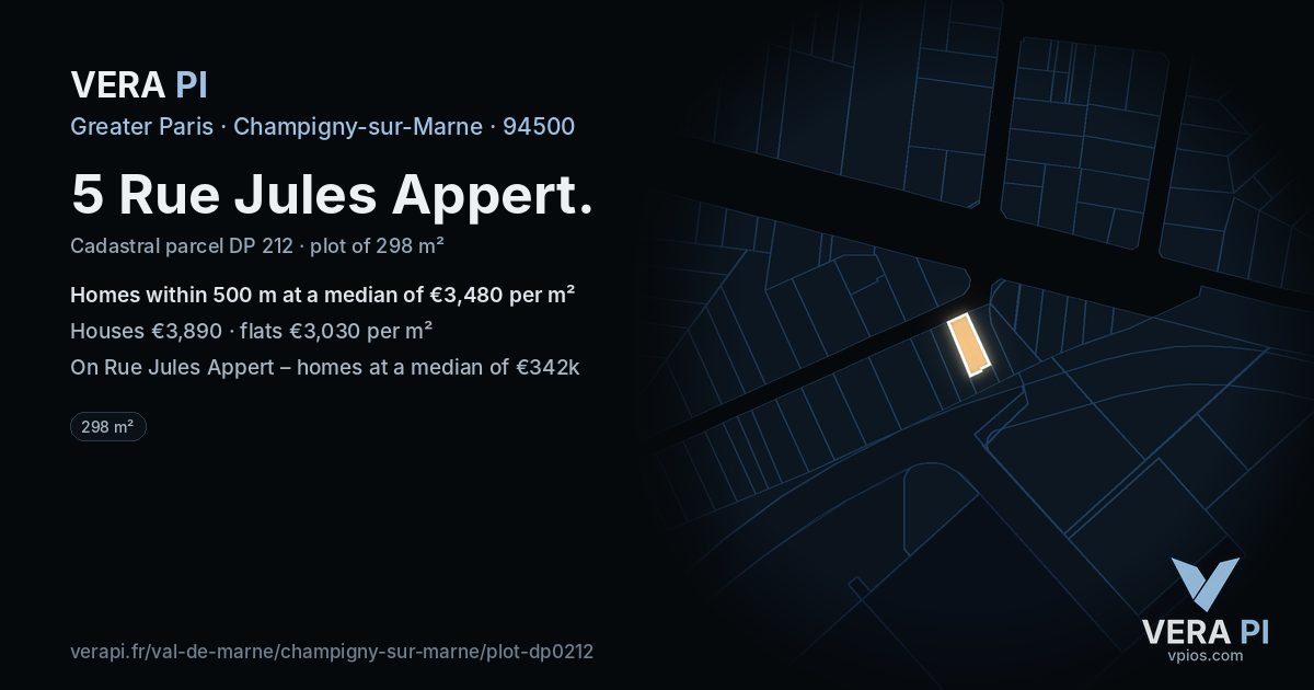 5 Rue Jules Appert, Champigny-sur-Marne at night – the plot lit, the parcels around coloured by the prices near them