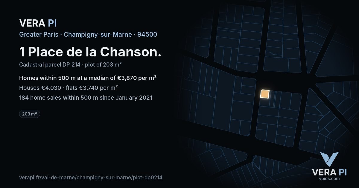 1 Place de la Chanson, Champigny-sur-Marne at night – the plot lit, the parcels around coloured by the prices near them
