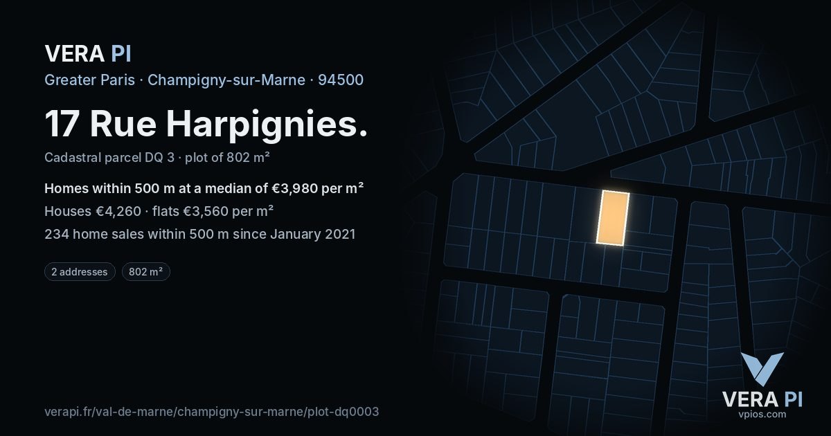 17 Rue Harpignies, Champigny-sur-Marne at night – the plot lit, the parcels around coloured by the prices near them