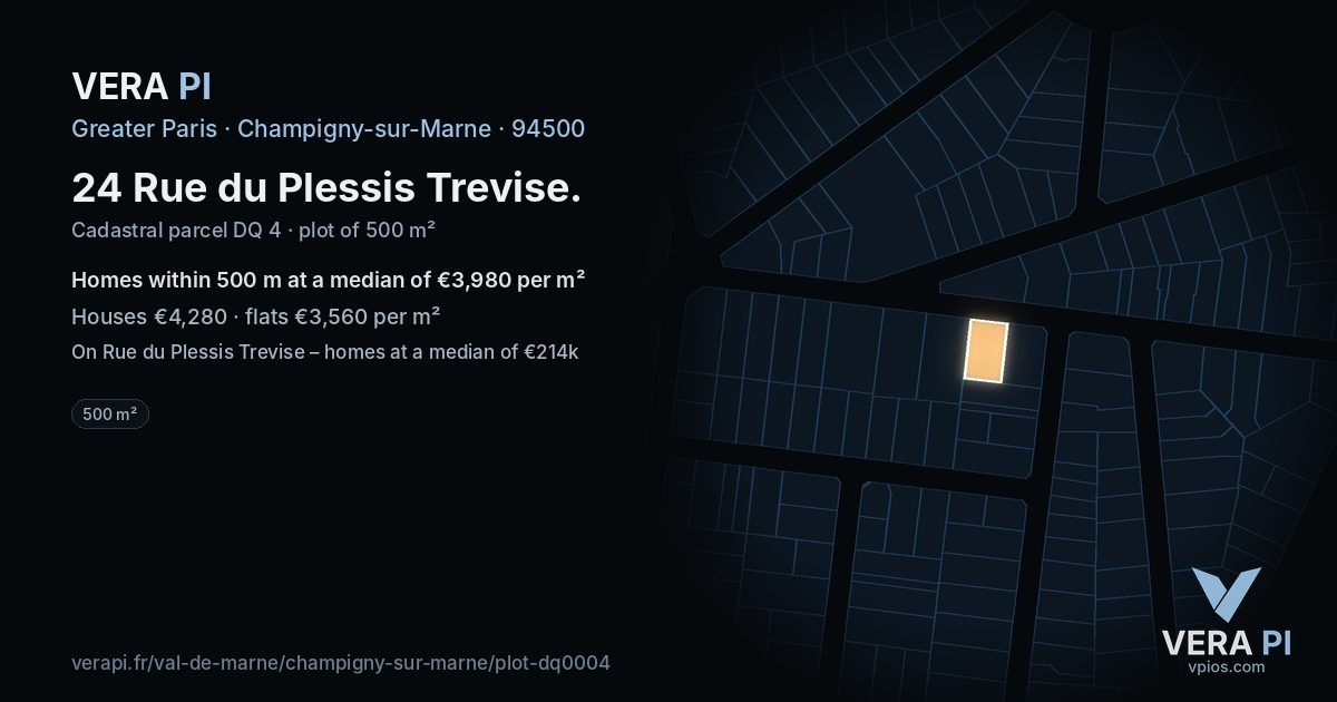 24 Rue du Plessis Trevise, Champigny-sur-Marne at night – the plot lit, the parcels around coloured by the prices near them