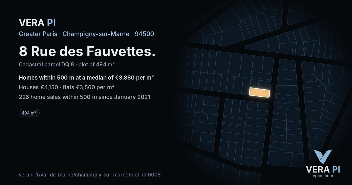8 Rue des Fauvettes, Champigny-sur-Marne at night – the plot lit, the parcels around coloured by the prices near them