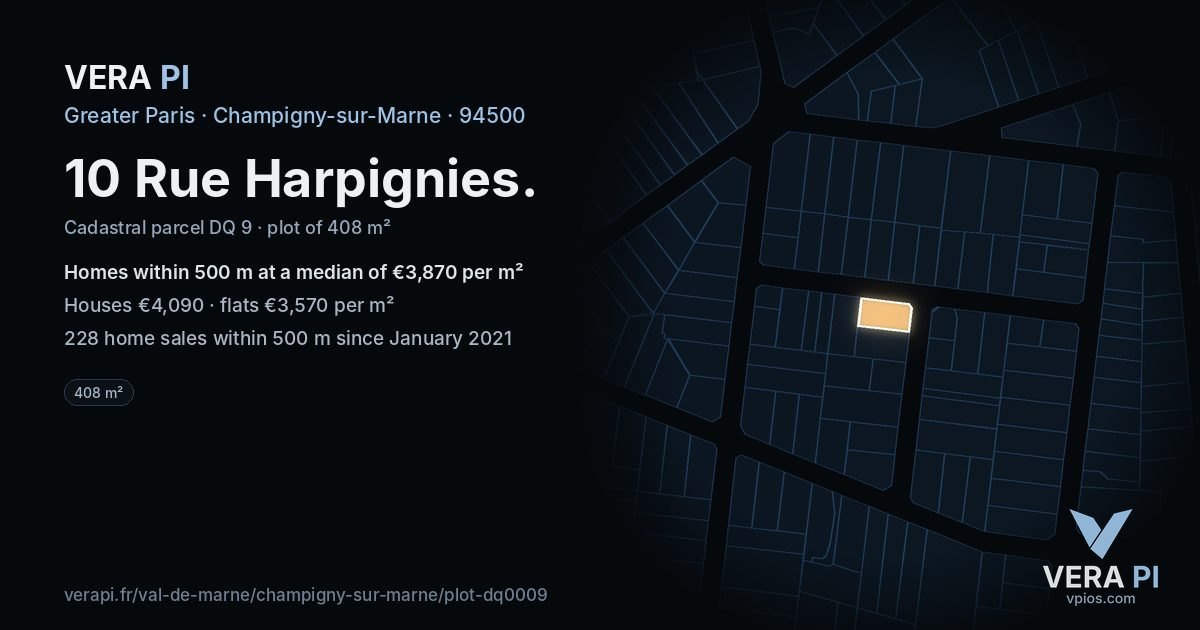 10 Rue Harpignies, Champigny-sur-Marne at night – the plot lit, the parcels around coloured by the prices near them