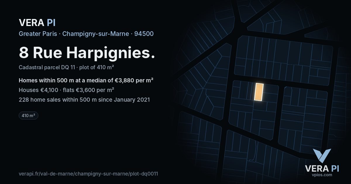 8 Rue Harpignies, Champigny-sur-Marne at night – the plot lit, the parcels around coloured by the prices near them