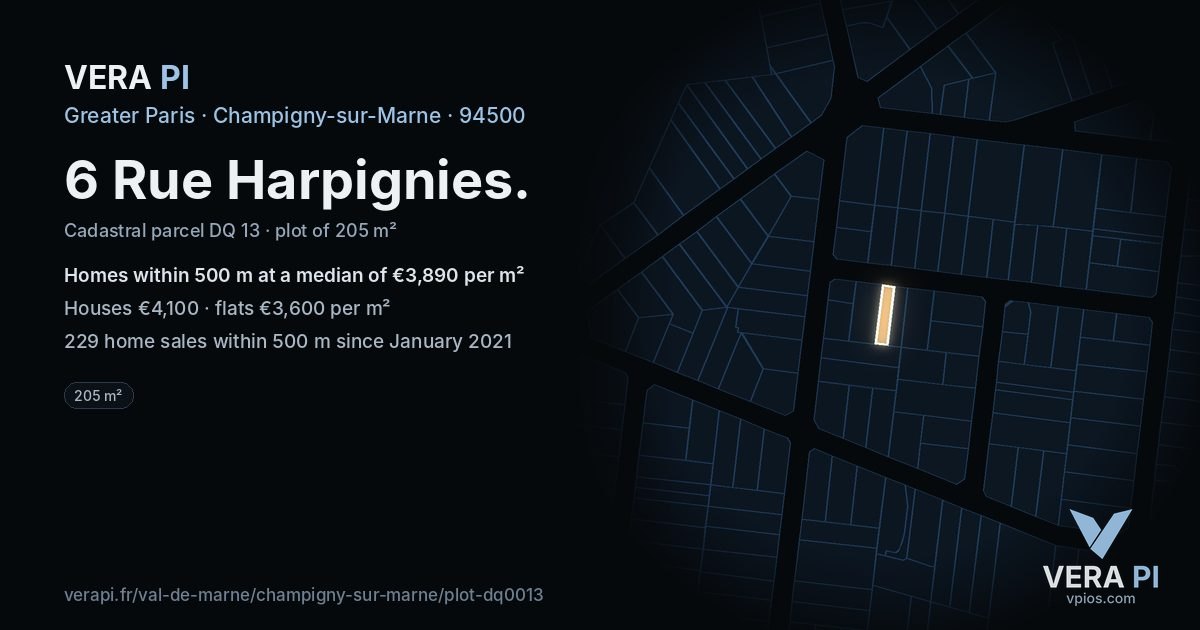 6 Rue Harpignies, Champigny-sur-Marne at night – the plot lit, the parcels around coloured by the prices near them
