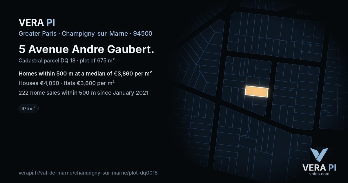 5 Avenue Andre Gaubert, Champigny-sur-Marne at night – the plot lit, the parcels around coloured by the prices near them