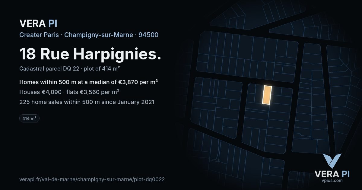 18 Rue Harpignies, Champigny-sur-Marne at night – the plot lit, the parcels around coloured by the prices near them