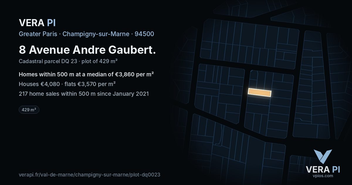 8 Avenue Andre Gaubert, Champigny-sur-Marne at night – the plot lit, the parcels around coloured by the prices near them