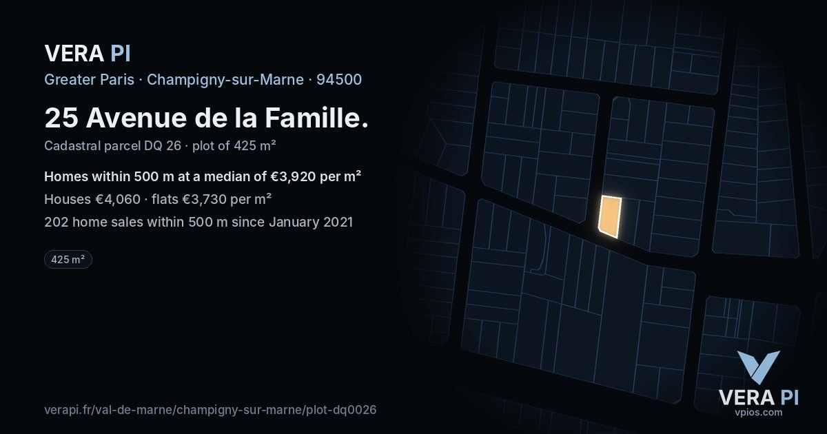 25 Avenue de la Famille, Champigny-sur-Marne at night – the plot lit, the parcels around coloured by the prices near them