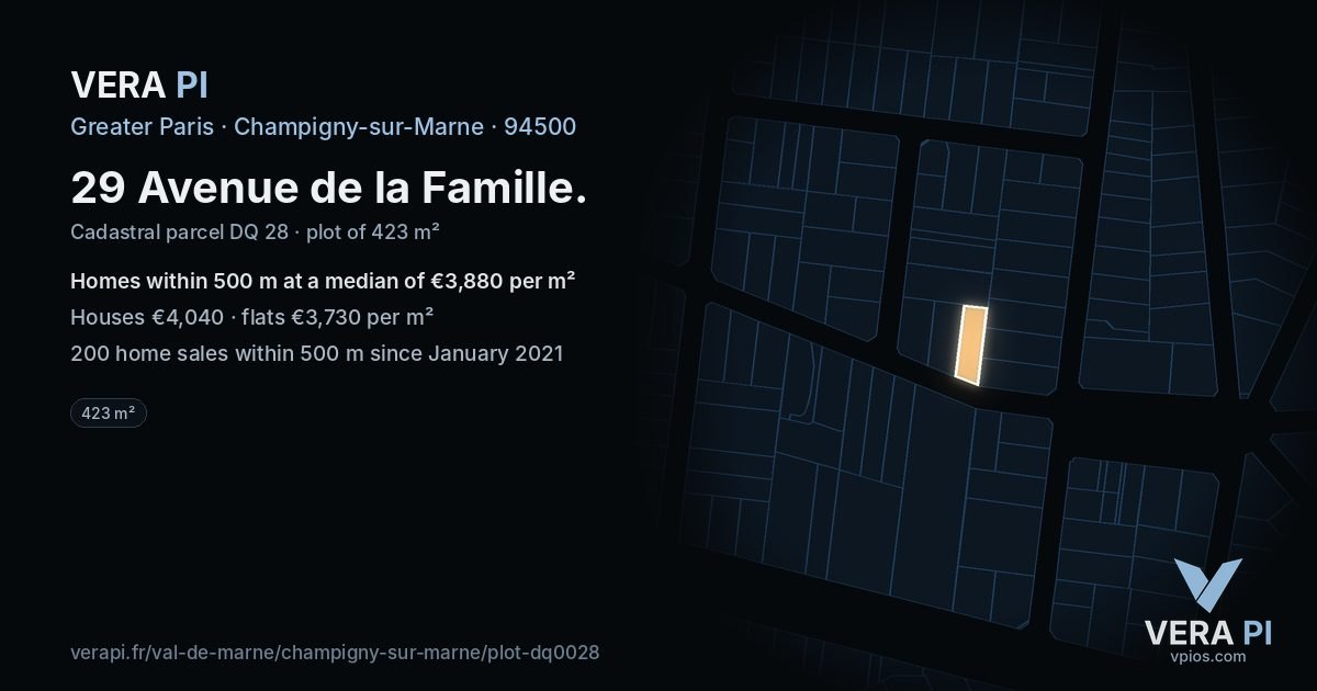 29 Avenue de la Famille, Champigny-sur-Marne at night – the plot lit, the parcels around coloured by the prices near them
