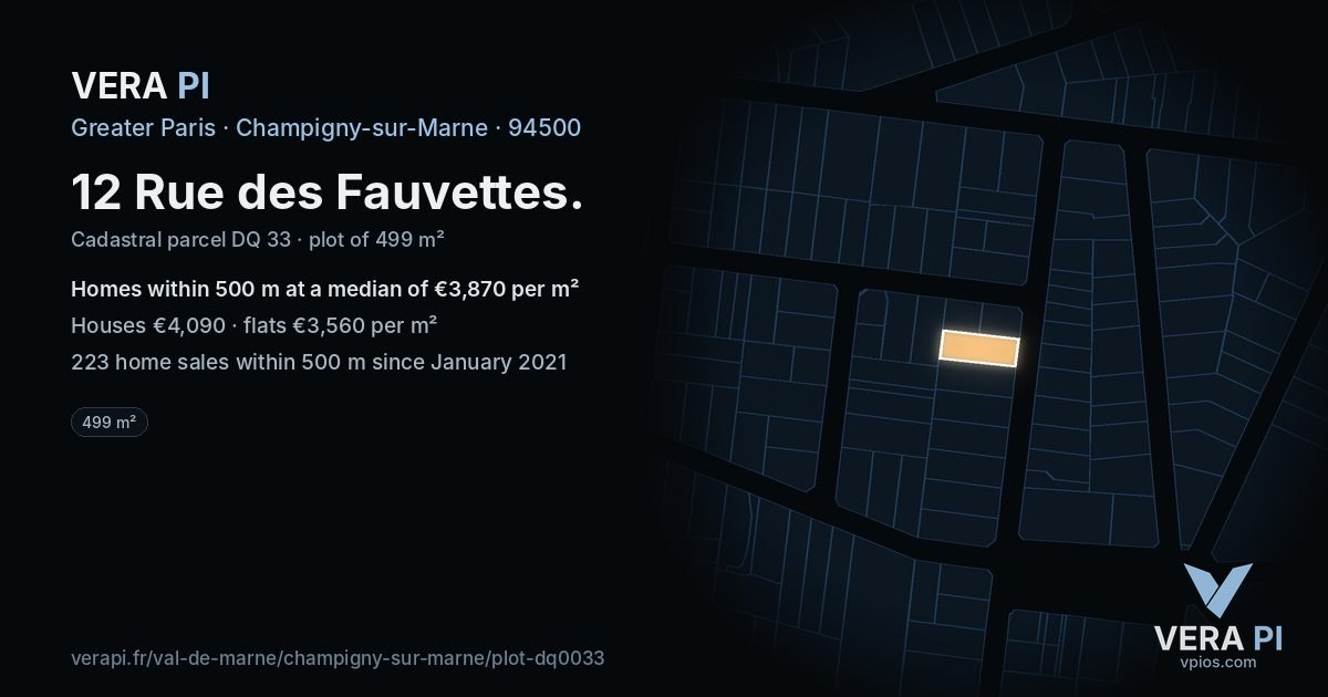 12 Rue des Fauvettes, Champigny-sur-Marne at night – the plot lit, the parcels around coloured by the prices near them
