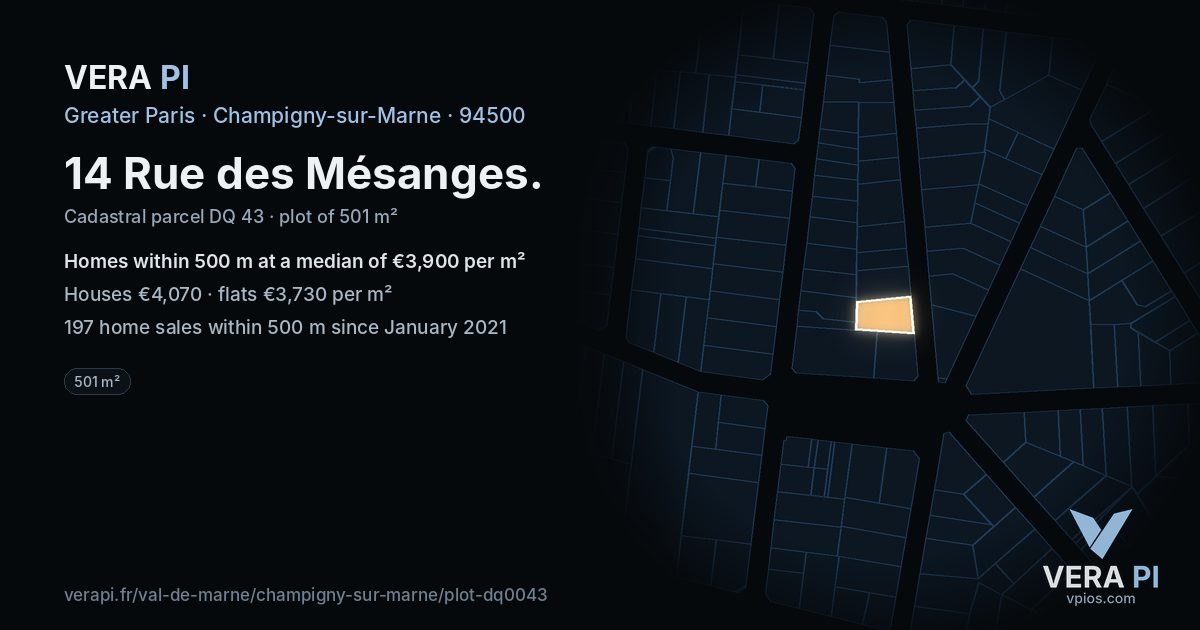14 Rue des Mésanges, Champigny-sur-Marne at night – the plot lit, the parcels around coloured by the prices near them