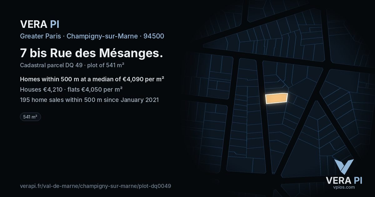 7 bis Rue des Mésanges, Champigny-sur-Marne at night – the plot lit, the parcels around coloured by the prices near them