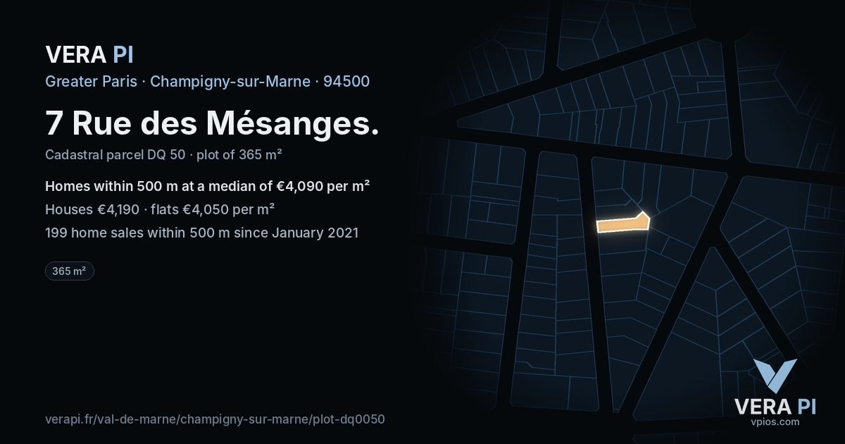 7 Rue des Mésanges, Champigny-sur-Marne at night – the plot lit, the parcels around coloured by the prices near them