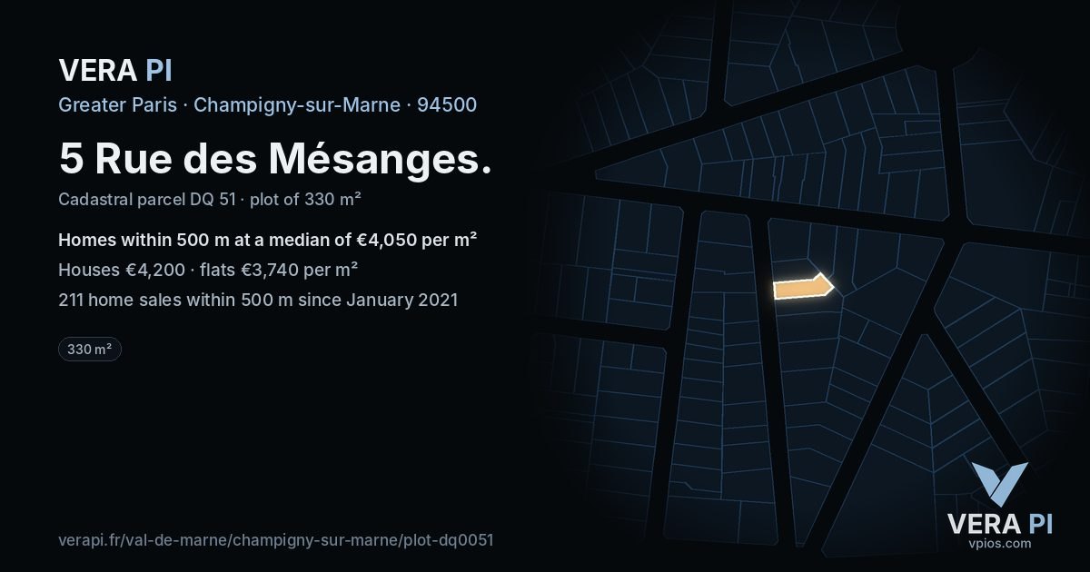5 Rue des Mésanges, Champigny-sur-Marne at night – the plot lit, the parcels around coloured by the prices near them