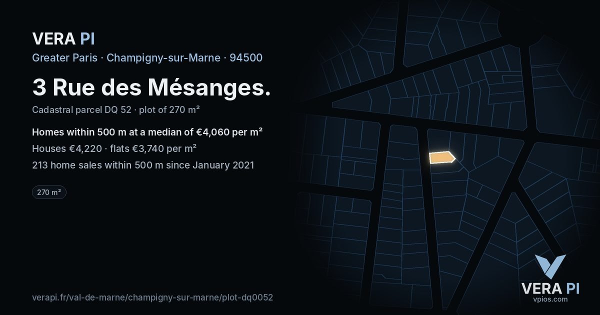 3 Rue des Mésanges, Champigny-sur-Marne at night – the plot lit, the parcels around coloured by the prices near them
