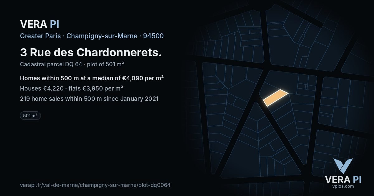 3 Rue des Chardonnerets, Champigny-sur-Marne at night – the plot lit, the parcels around coloured by the prices near them