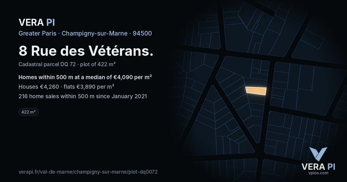 8 Rue des Vétérans, Champigny-sur-Marne at night – the plot lit, the parcels around coloured by the prices near them
