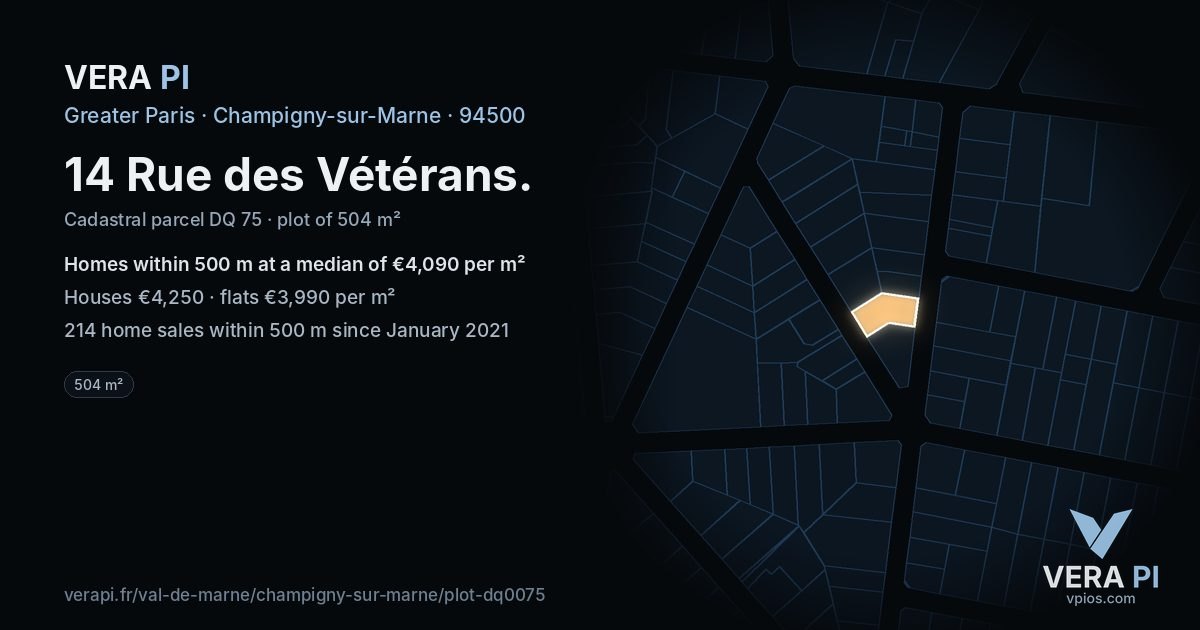 14 Rue des Vétérans, Champigny-sur-Marne at night – the plot lit, the parcels around coloured by the prices near them