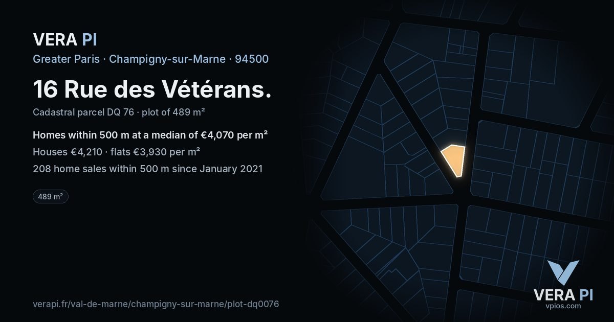 16 Rue des Vétérans, Champigny-sur-Marne at night – the plot lit, the parcels around coloured by the prices near them