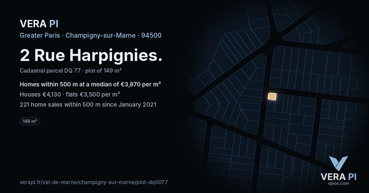 2 Rue Harpignies, Champigny-sur-Marne at night – the plot lit, the parcels around coloured by the prices near them