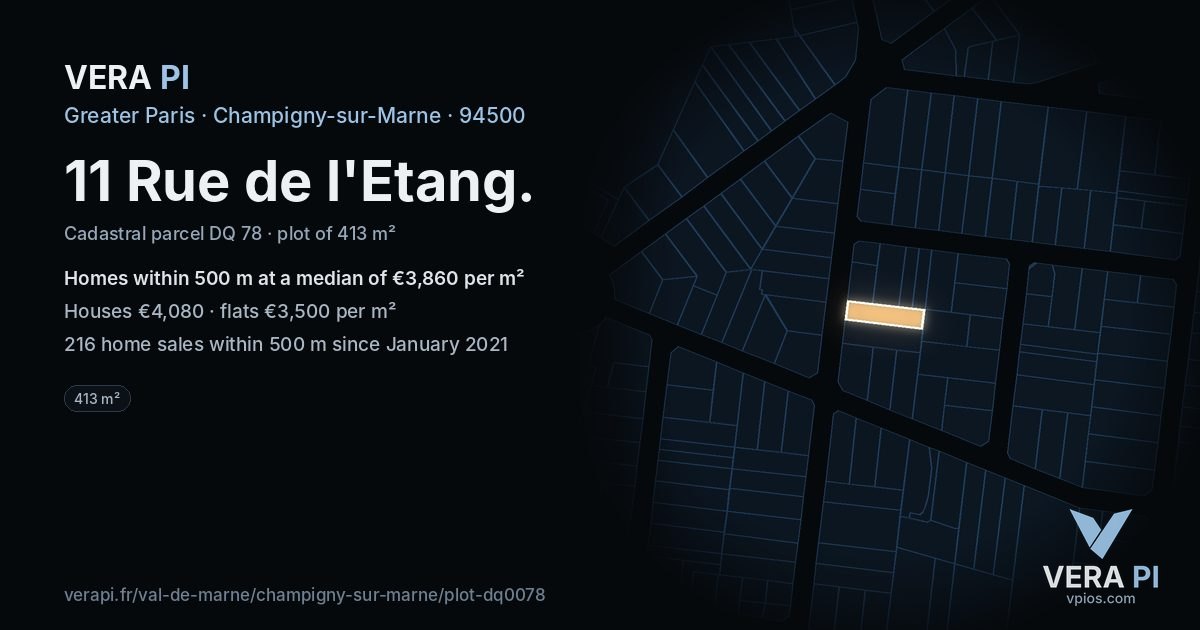 11 Rue de l'Etang, Champigny-sur-Marne at night – the plot lit, the parcels around coloured by the prices near them